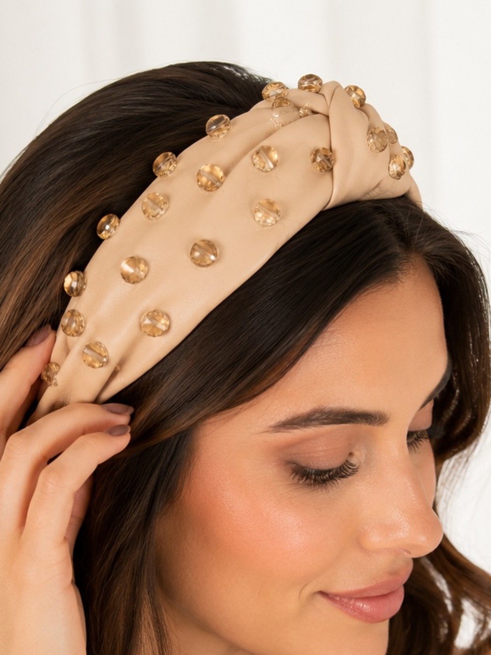 Brianna Cannon NWOT Nude Knot Headband Amber Crystal Beaded Leather Embellished